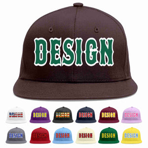 Custom Brown Kelly Green-White Flat Eaves Sport Baseball Cap Design for Men/Women/Youth