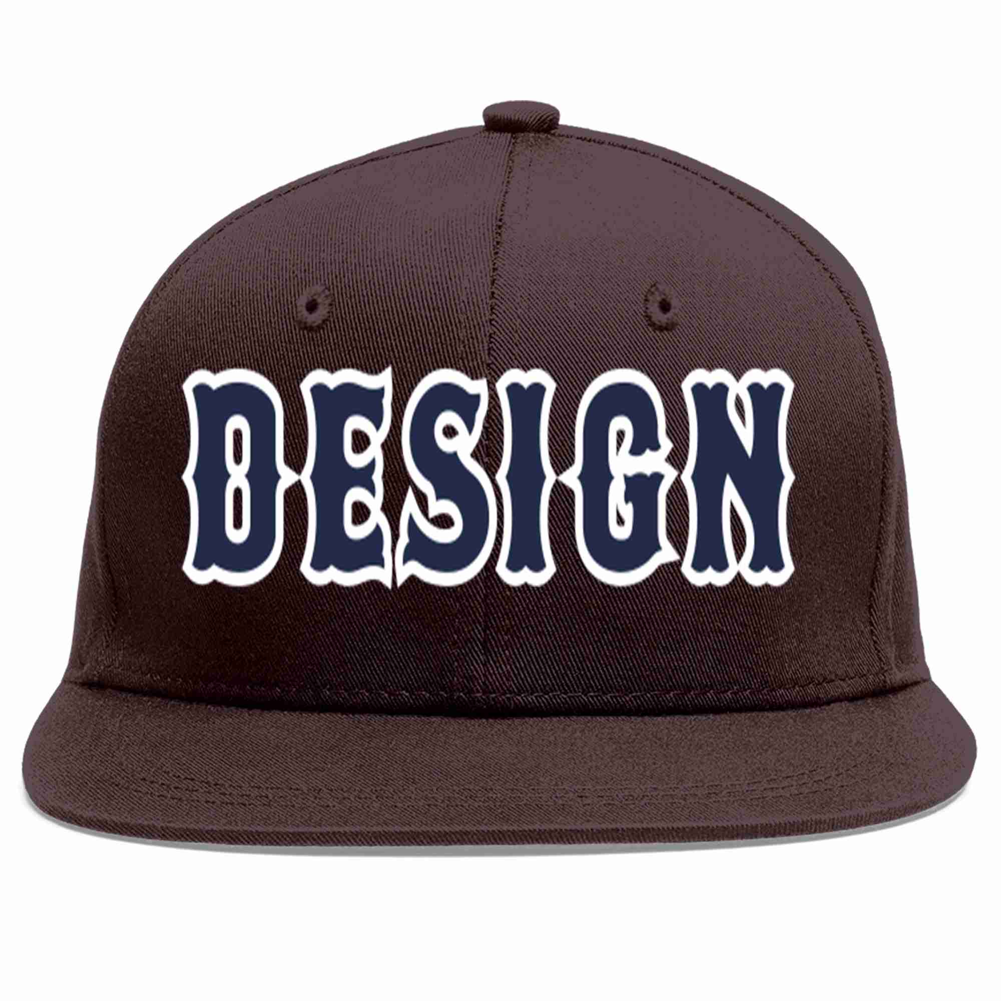 Custom Brown Navy-White Flat Eaves Sport Baseball Cap Design for Men/Women/Youth