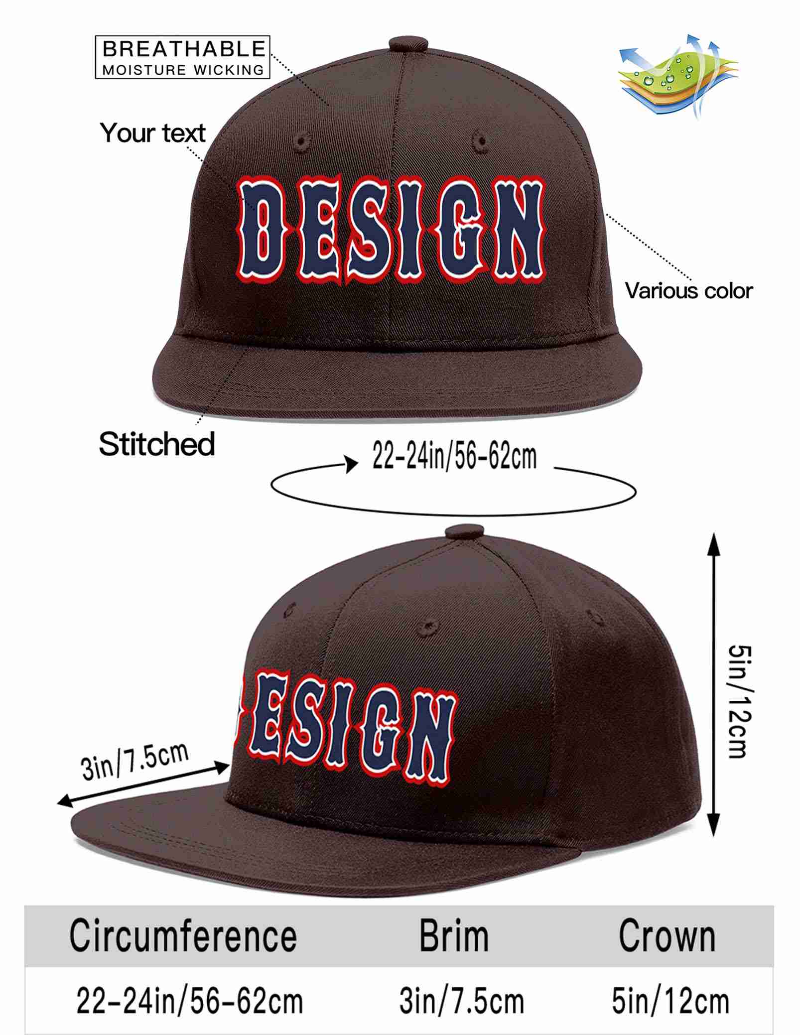 Custom Brown Navy-White Flat Eaves Sport Baseball Cap Design for Men/Women/Youth