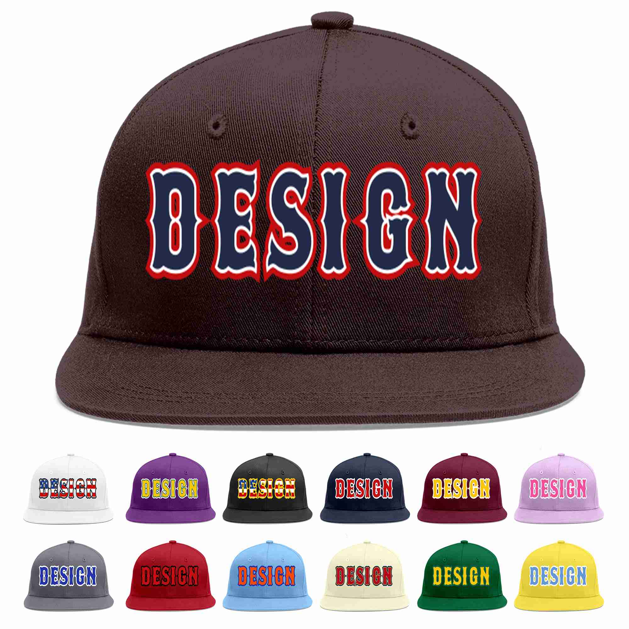 Custom Brown Navy-White Flat Eaves Sport Baseball Cap Design for Men/Women/Youth