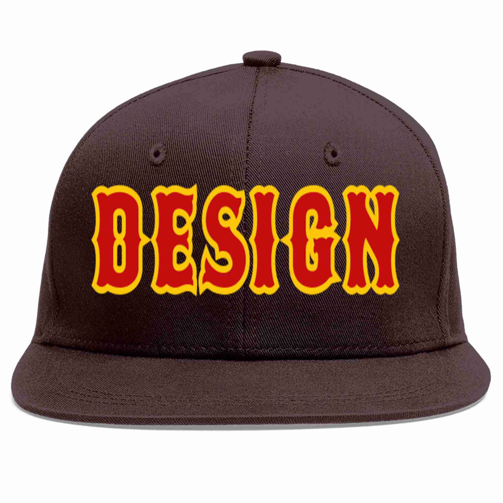 Conception personnalisée de casquette de baseball de sport à Eaves plates marron rouge-jaune pour hommes/femmes/jeunes