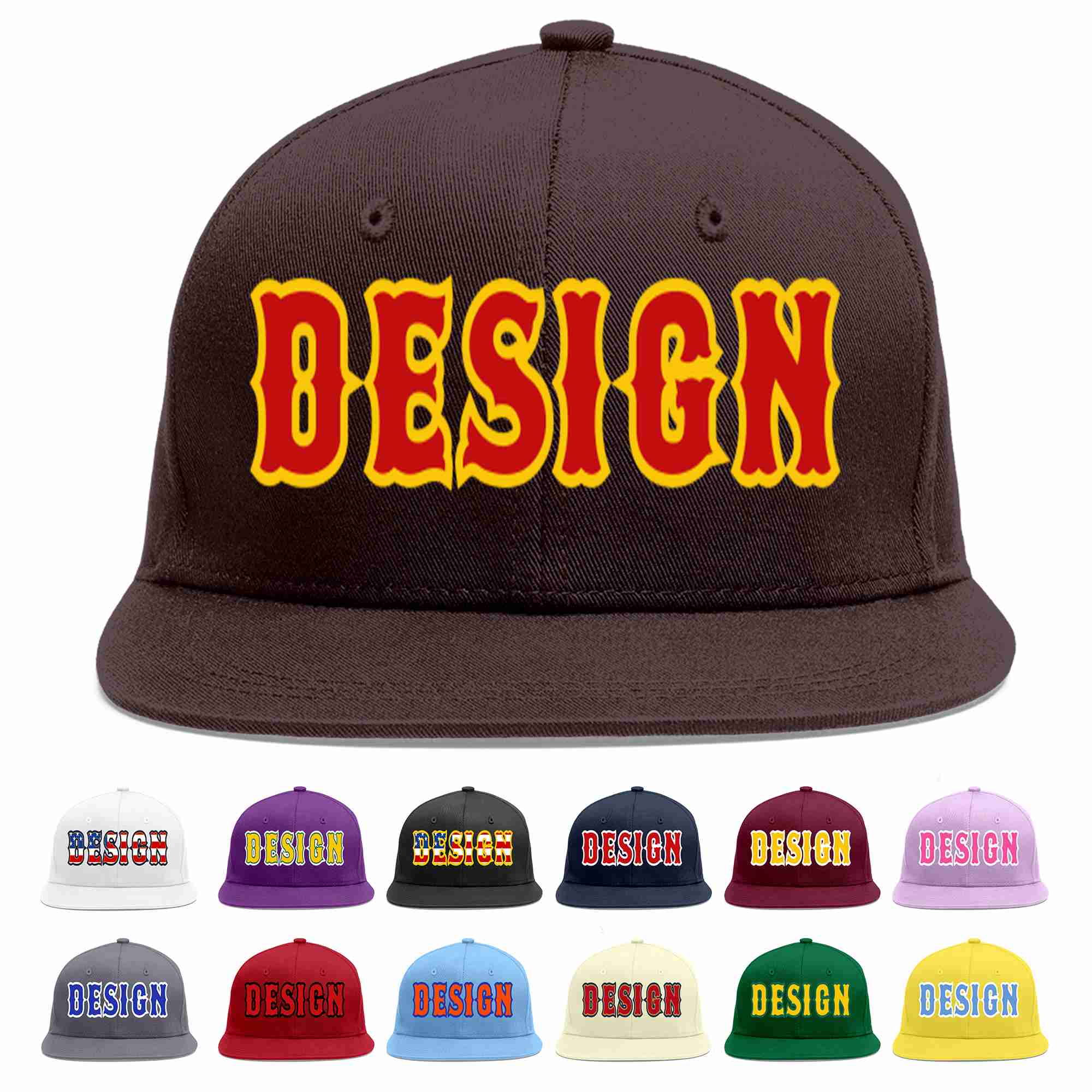 Conception personnalisée de casquette de baseball de sport à Eaves plates marron rouge-jaune pour hommes/femmes/jeunes