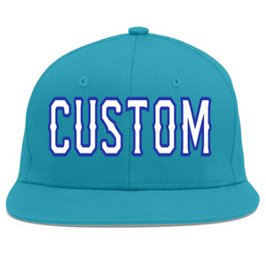 Custom Aqua White-Royal Flat Eaves Sport Baseball Cap