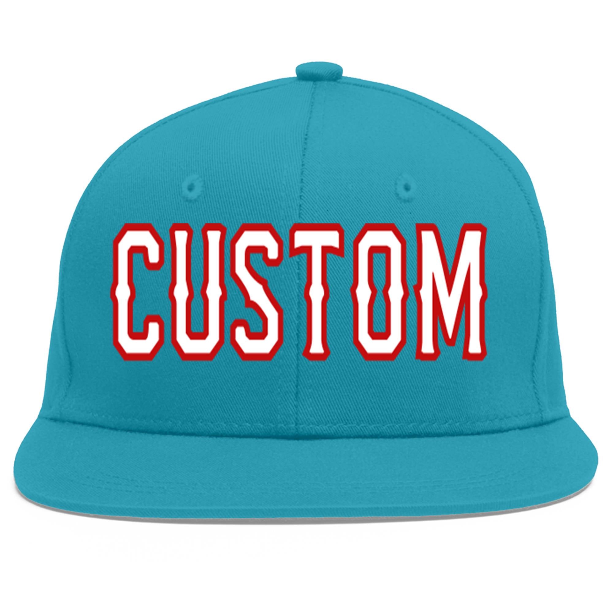 Custom Aqua White-Red Flat Eaves Sport Baseball Cap