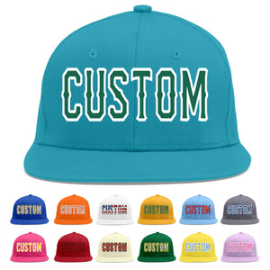 Custom Aqua Kelly Green-White Flat Eaves Sport Baseball Cap