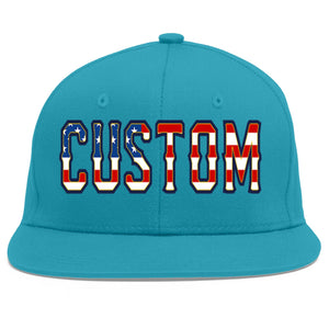 Custom Aqua Vintage USA Flag-Gold Flat Eaves Sport Baseball Cap