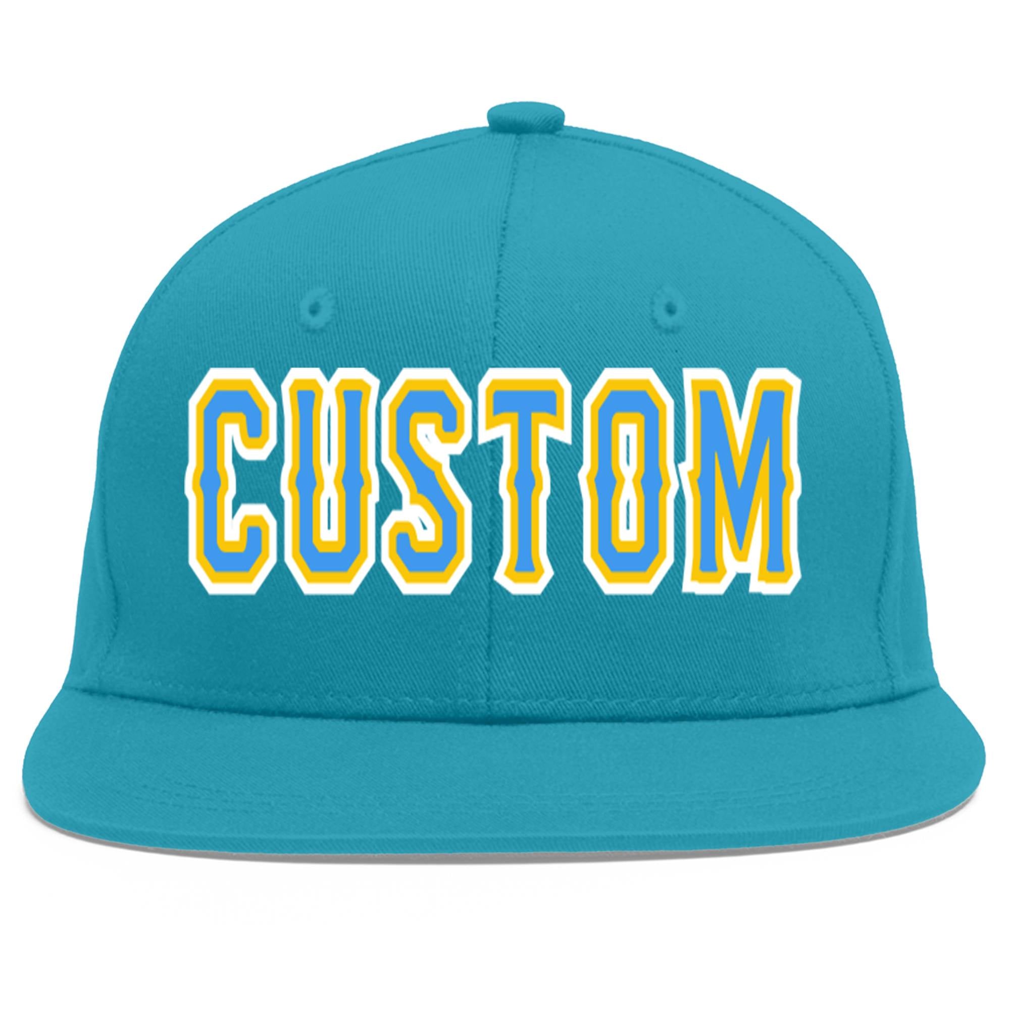 Custom Aqua Powder Blue-Gold Flat Eaves Sport Baseball Cap