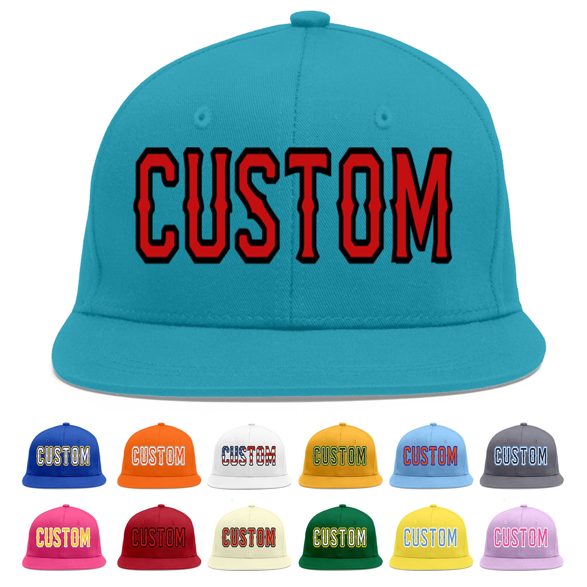 Custom Aqua Red-Black Flat Eaves Sport Baseball Cap