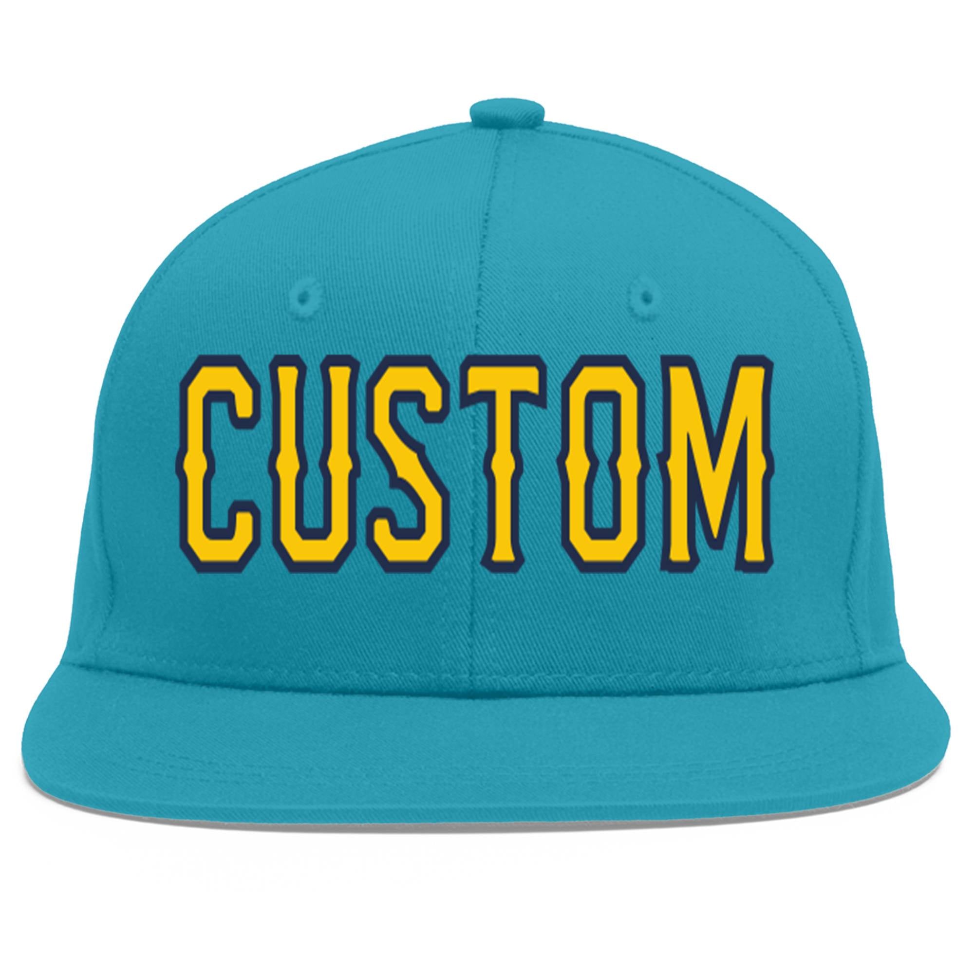 Custom Aqua Gold-Navy Flat Eaves Sport Baseball Cap