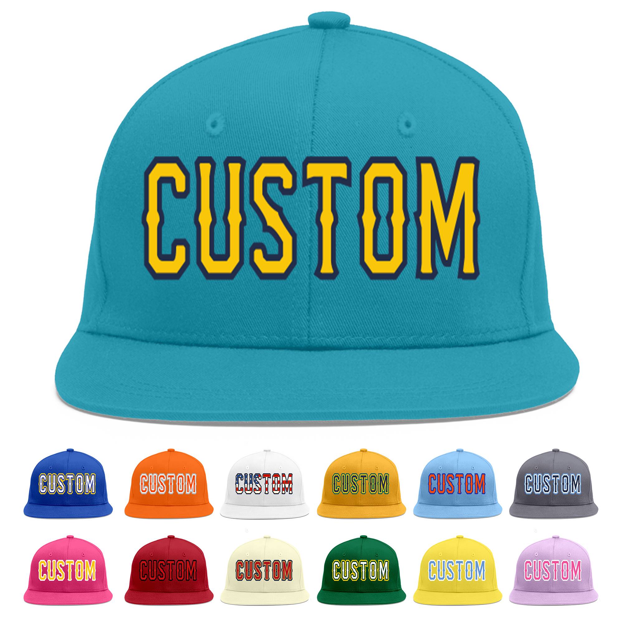 Custom Aqua Gold-Navy Flat Eaves Sport Baseball Cap