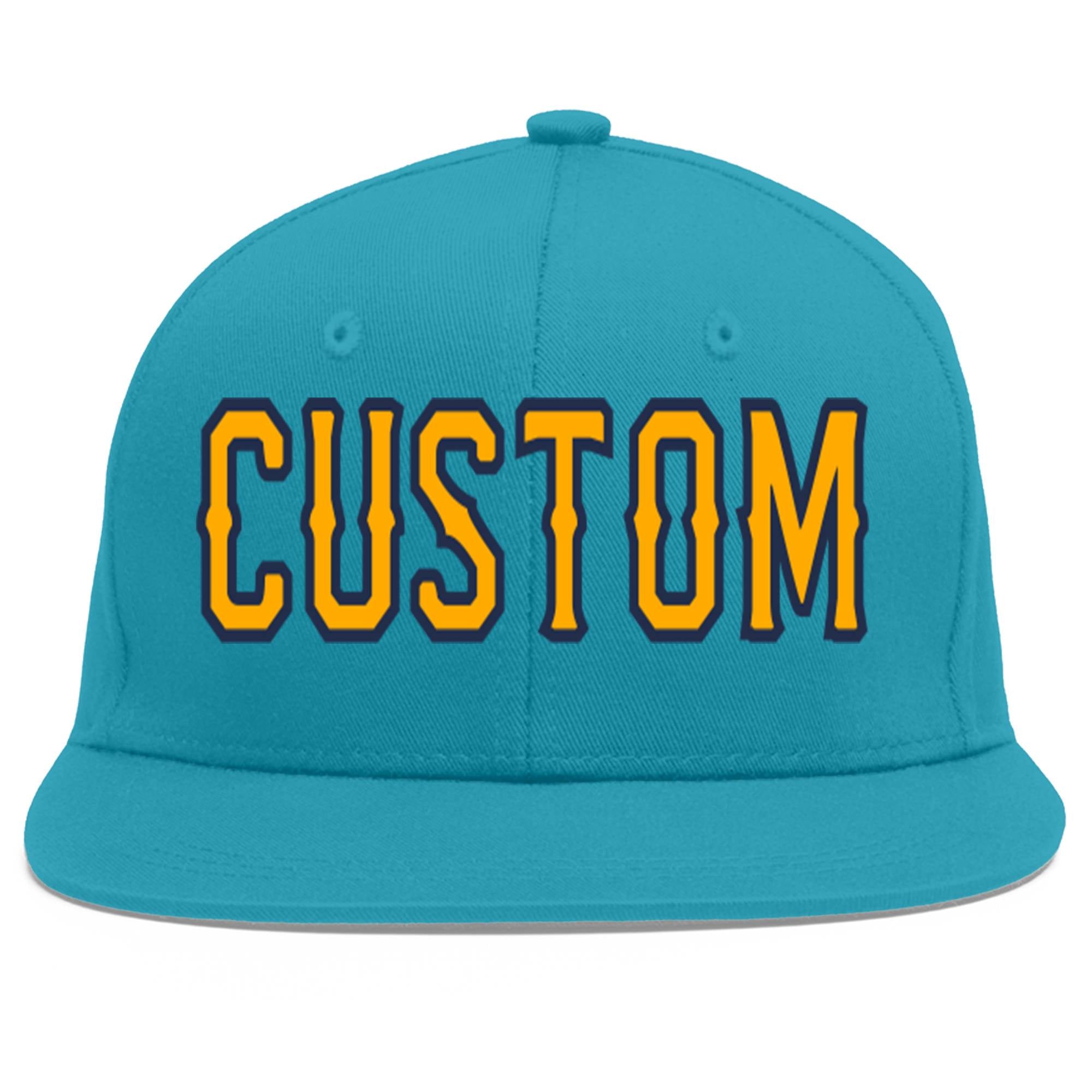 Custom Aqua Yellow-Navy Flat Eaves Sport Baseball Cap