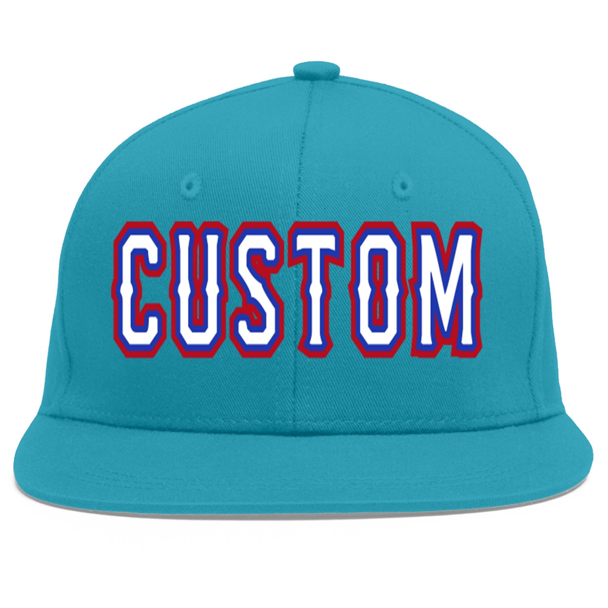 Custom Aqua White-Royal Flat Eaves Sport Baseball Cap