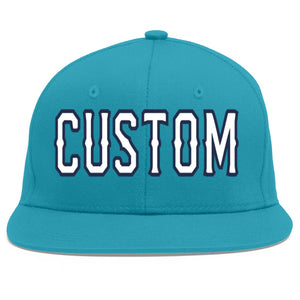 Custom Aqua White-Navy Flat Eaves Sport Baseball Cap