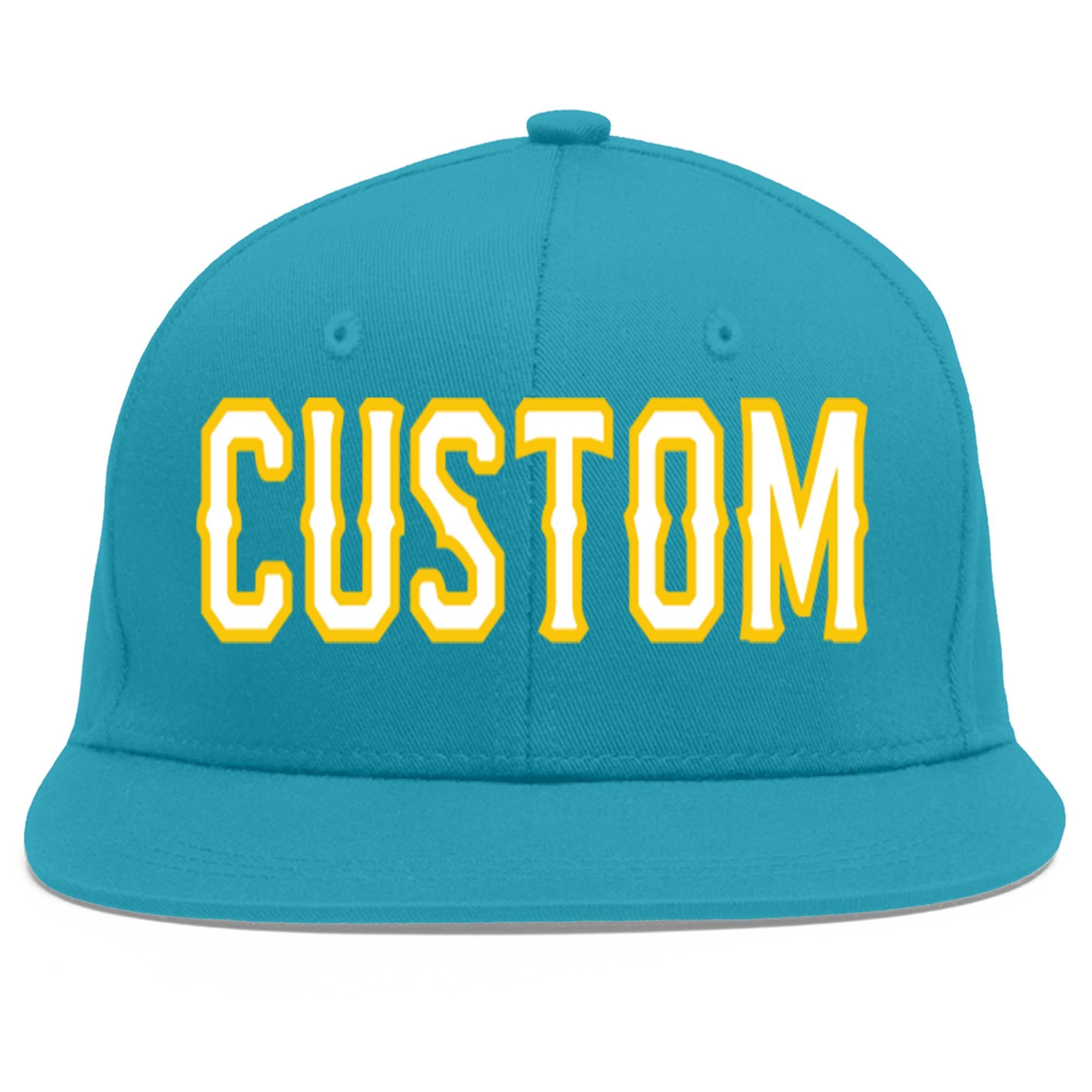 Casquette de baseball sport personnalisée Aqua White-Gold Flat Eaves