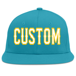 Custom Aqua White-Gold Flat Eaves Sport Baseball Cap