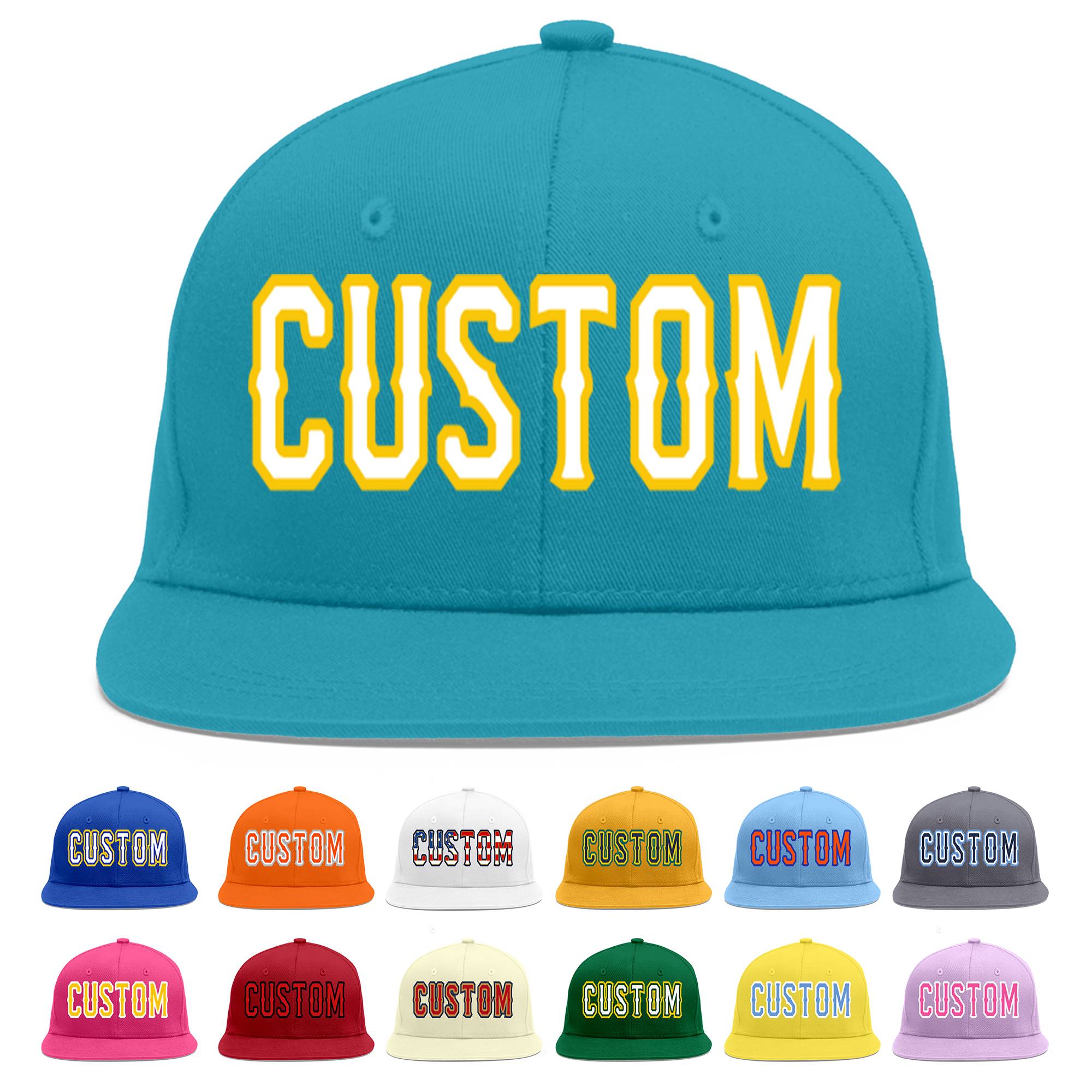 Casquette de baseball sport personnalisée Aqua White-Gold Flat Eaves