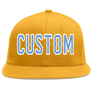 Custom Gold Light Blue-White Flat Eaves Sport Baseball Cap