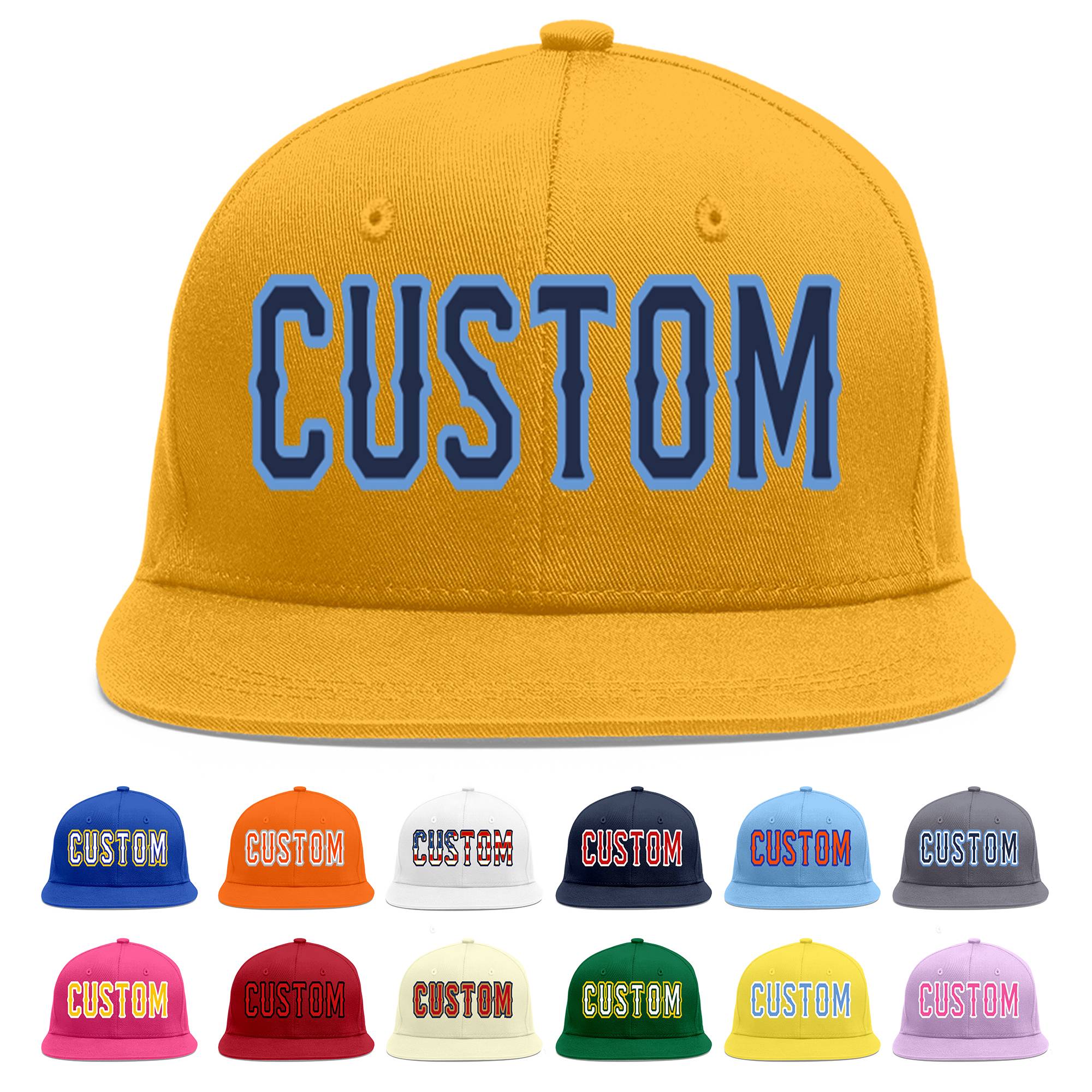 Custom Gold Navy-Light Blue Flat Eaves Sport Baseball Cap