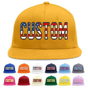 Custom Gold Vintage USA Flag-Gold Flat Eaves Sport Baseball Cap