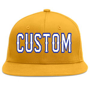 Casquette de baseball personnalisée Gold White-Royal Flat Eaves Sport