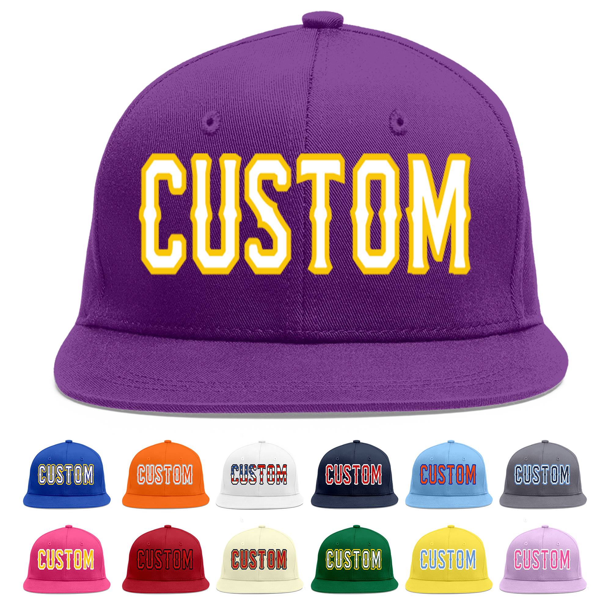 Casquette de baseball sport personnalisée violet blanc-or Flat Eaves