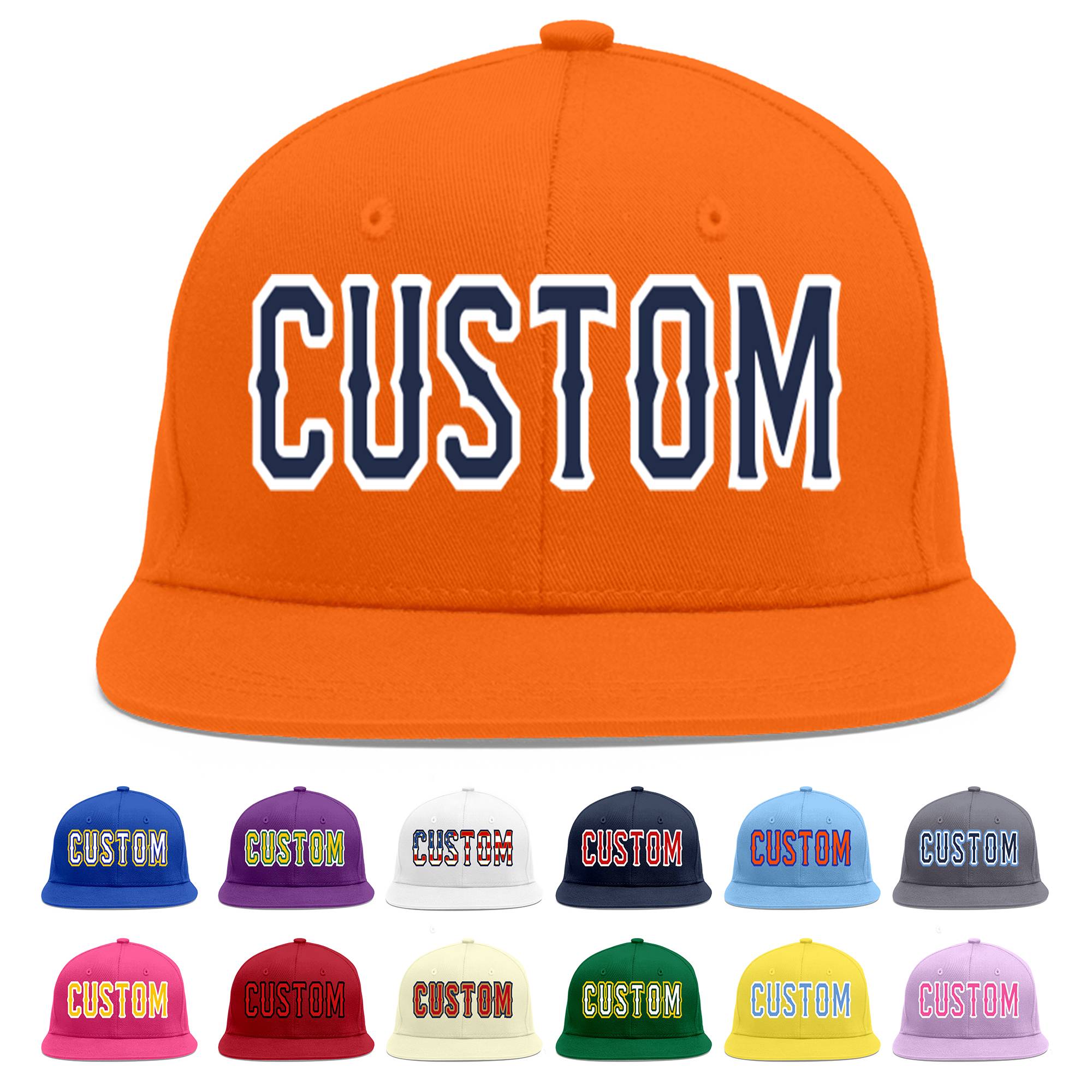 Custom Orange Navy-White Flat Eaves Sport Baseball Cap