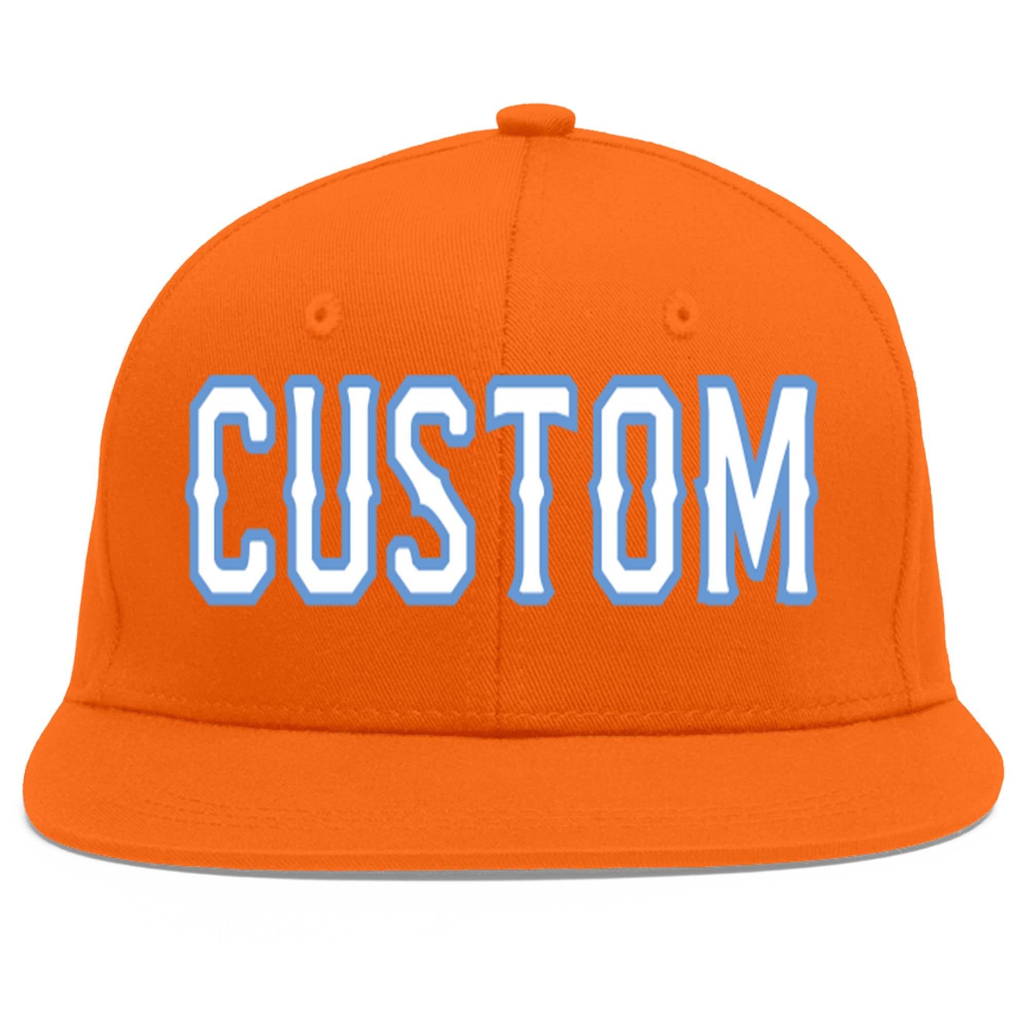 Custom Orange White-Light Blue Flat Eaves Sport Baseball Cap