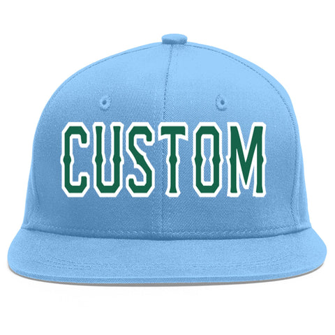 Custom Light Blue Kelly Green-White Flat Eaves Sport Baseball Cap