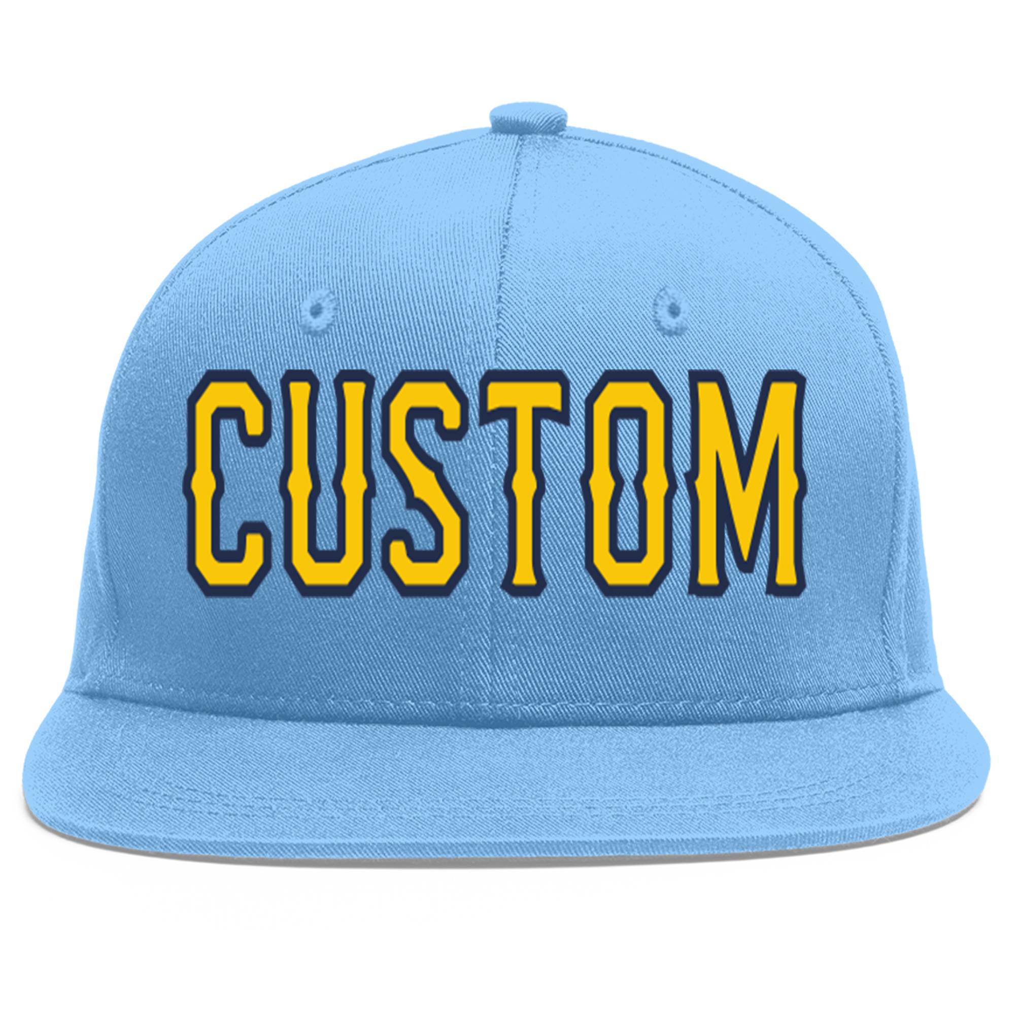 Casquette de baseball sport personnalisée bleu clair or-marine Flat Eaves