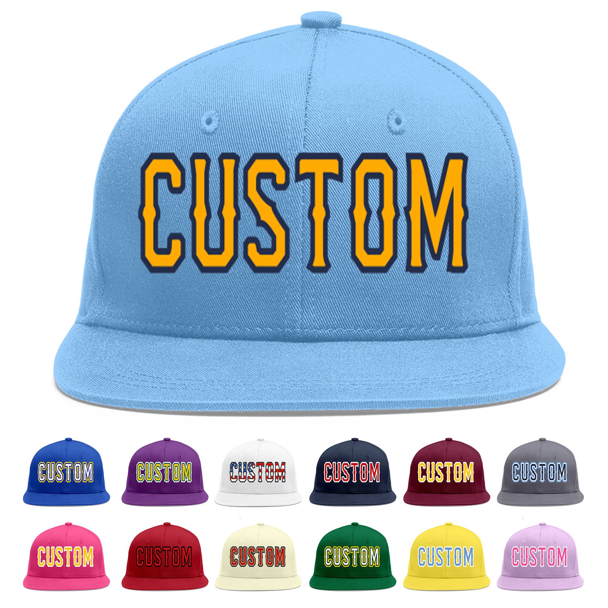 Casquette de baseball sport personnalisée bleu clair jaune-marine Flat Eaves