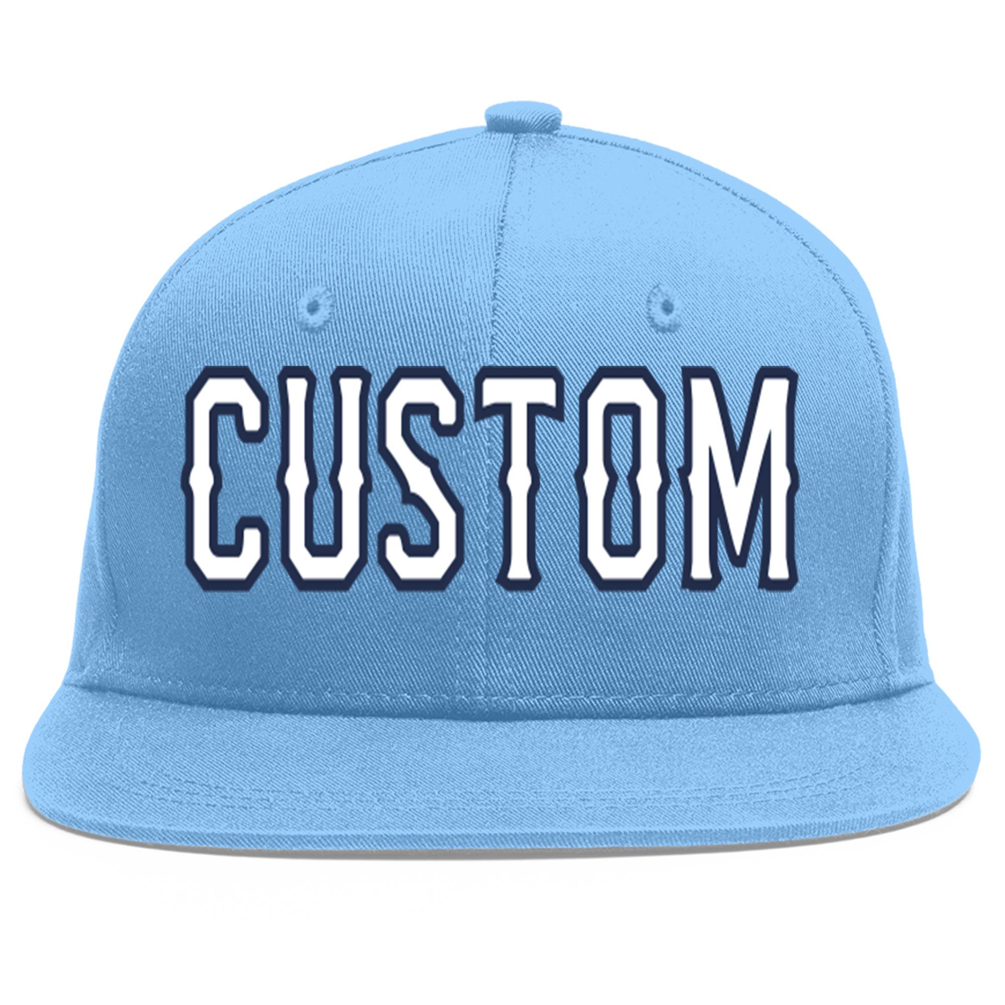 Custom Light Blue White-Navy Flat Eaves Sport Baseball Cap