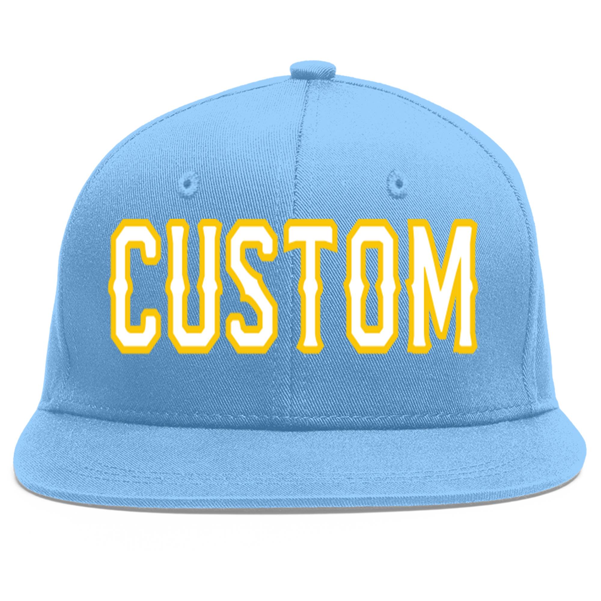 Custom Light Blue White-Gold Flat Eaves Sport Baseball Cap