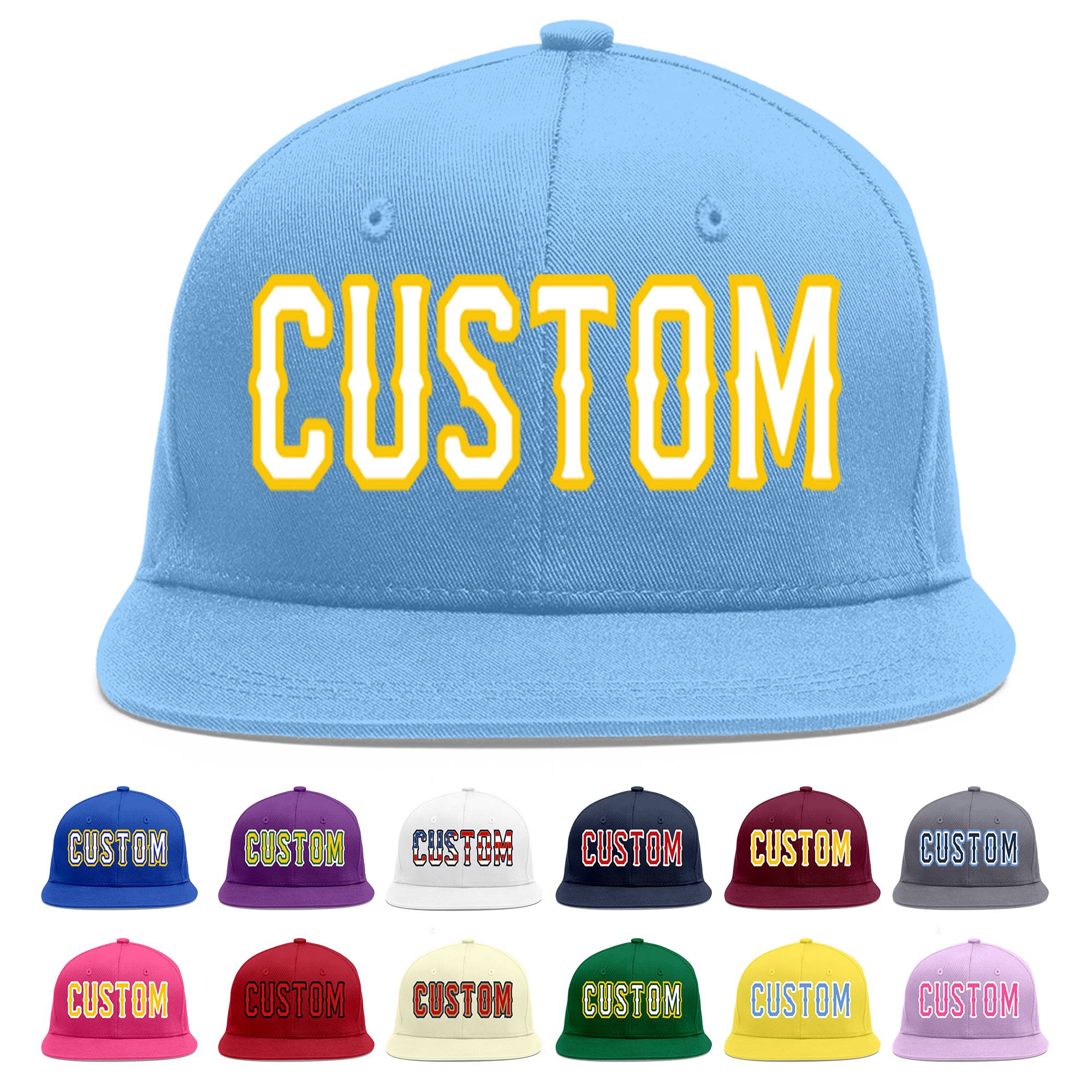 Custom Light Blue White-Gold Flat Eaves Sport Baseball Cap