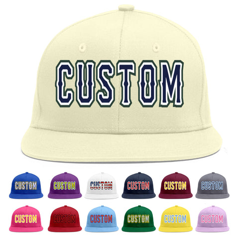 Custom Cream Navy-White Flat Eaves Sport Baseball Cap