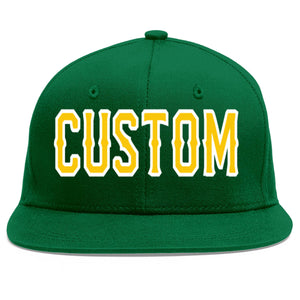 Casquette de baseball sport personnalisée vert or-blanc plat Eaves