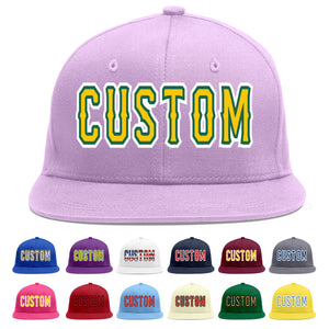 Custom Light Purple Gold-Kelly Green Flat Eaves Sport Baseball Cap