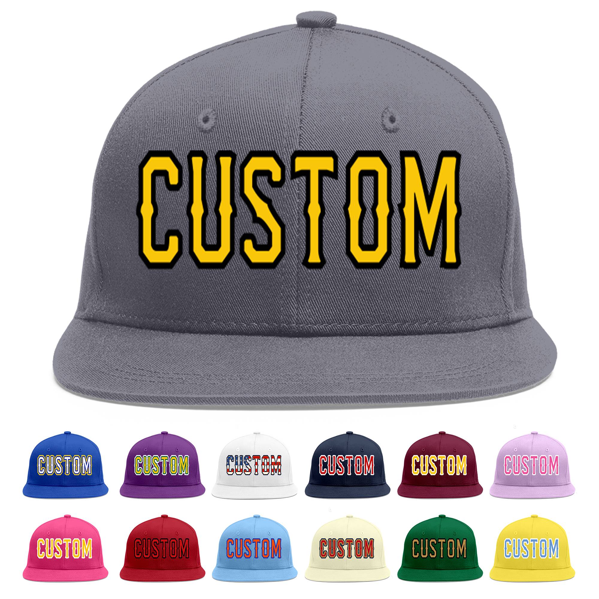 Custom Dark Gray Gold-Black Flat Eaves Sport Baseball Cap