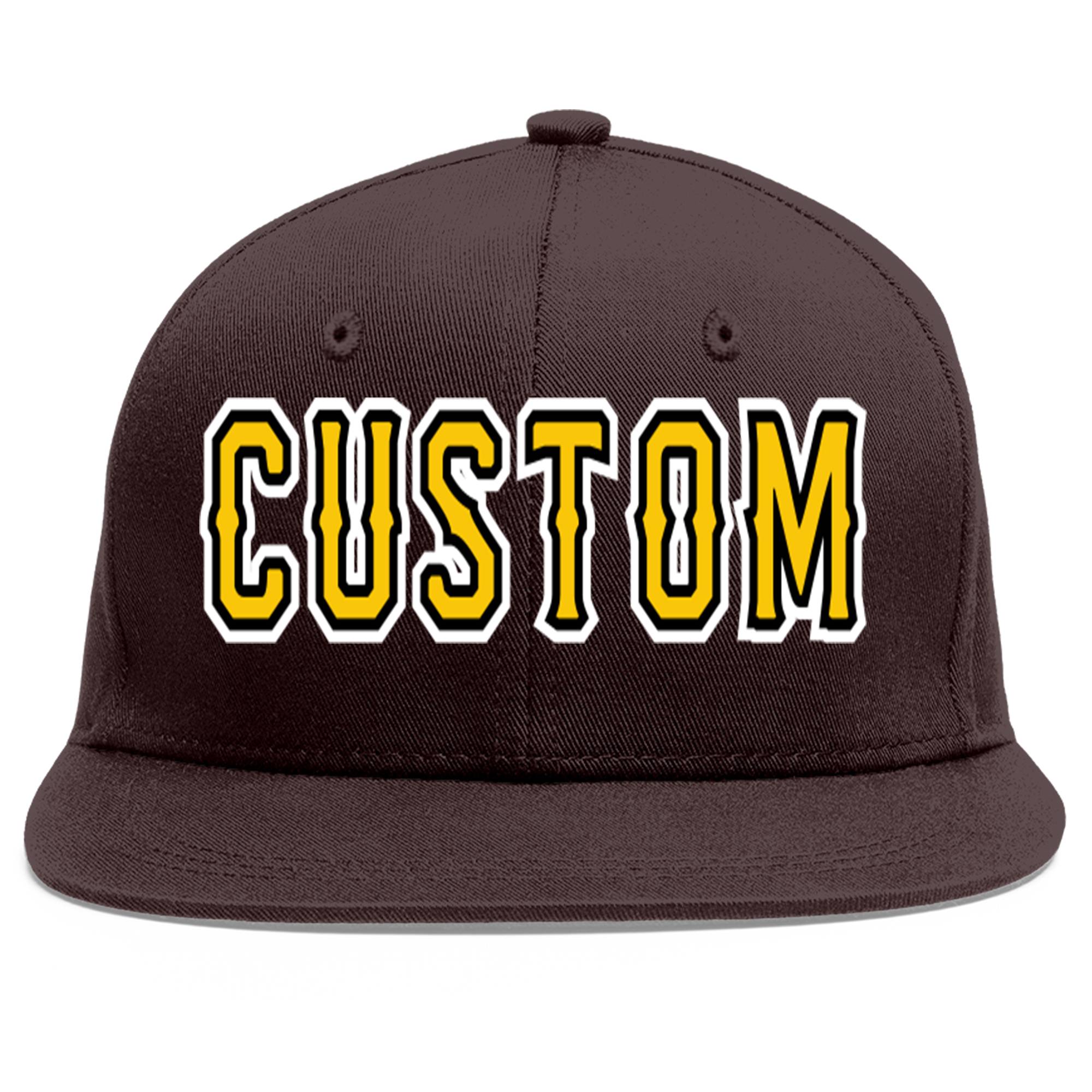 Custom Brown Gold-Black Flat Eaves Sport Baseball Cap