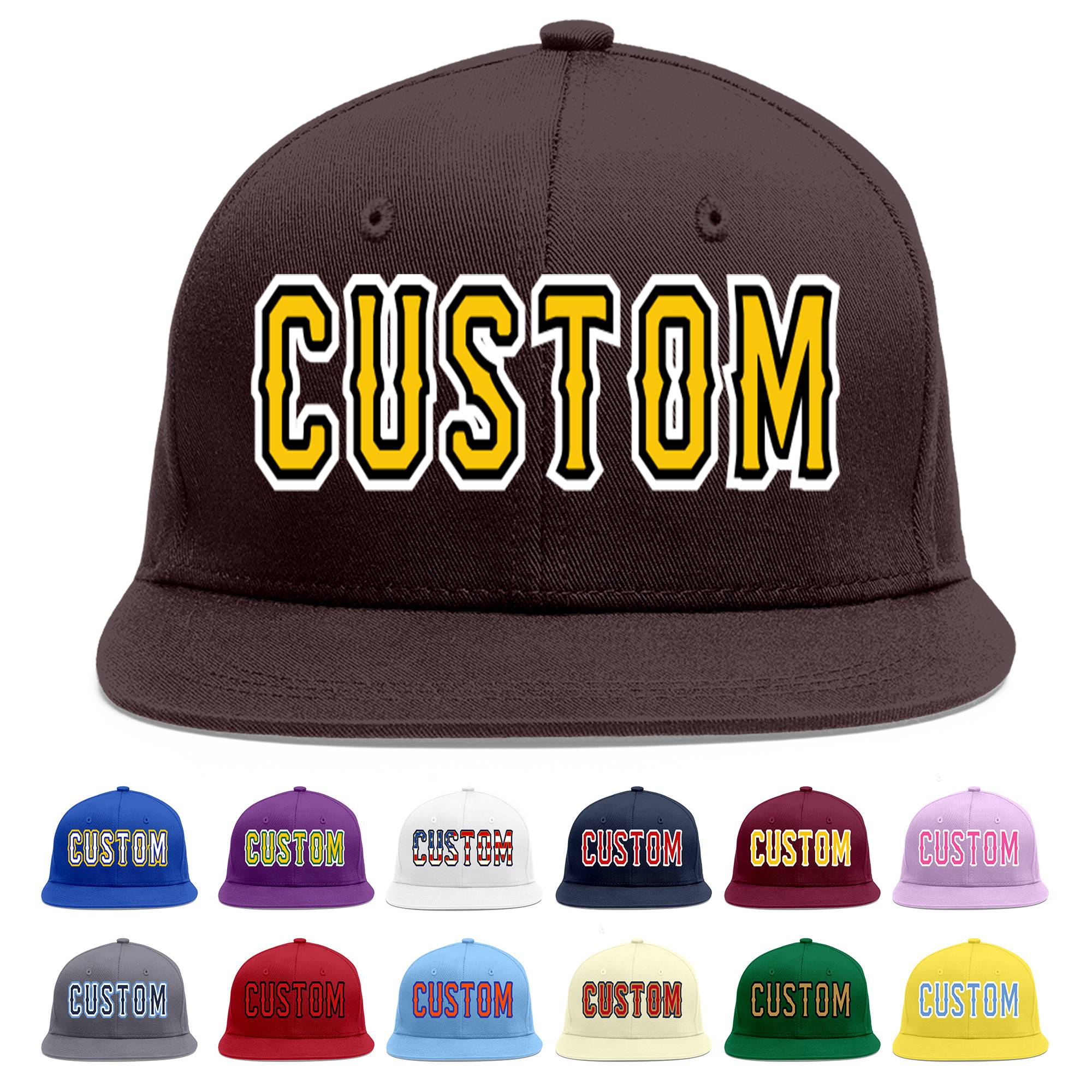 Custom Brown Gold-Black Flat Eaves Sport Baseball Cap