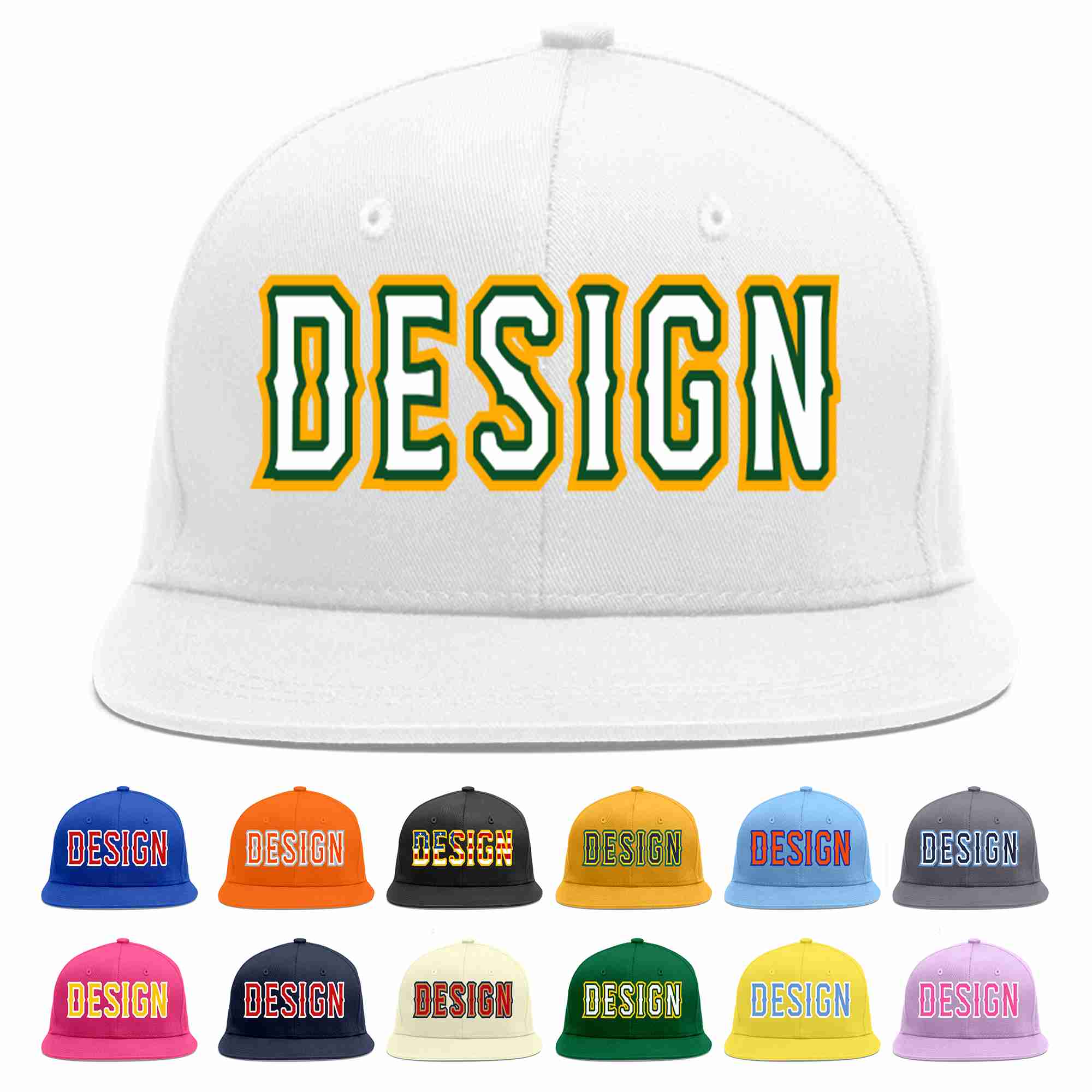 Custom White White-Kelly Green Flat Eaves Sport Baseball Cap Design for Men/Women/Youth