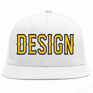 Custom White Gold-Navy Flat Eaves Sport Baseball Cap Design for Men/Women/Youth