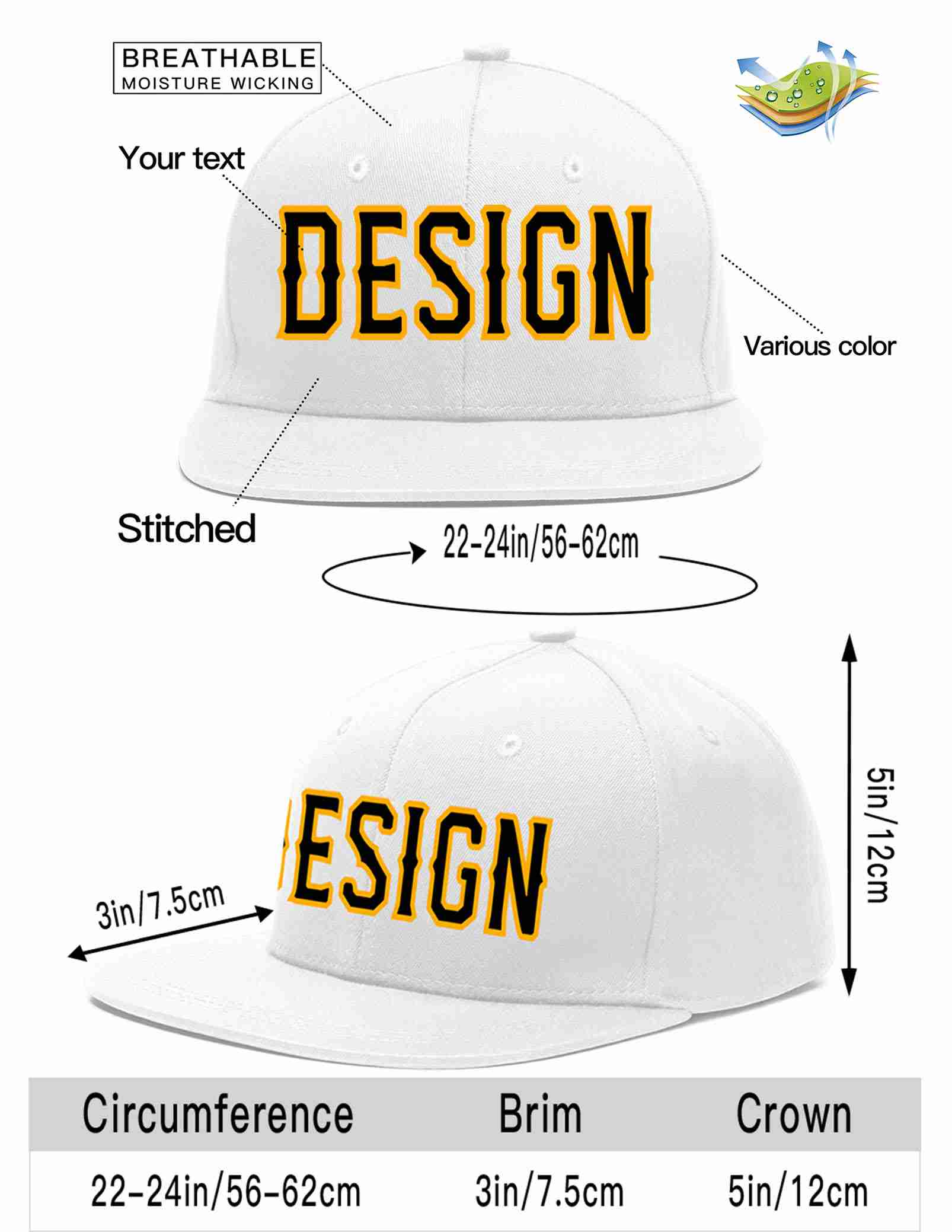 Conception personnalisée de casquette de baseball de sport à avant-toit plat blanc noir-jaune pour hommes/femmes/jeunes