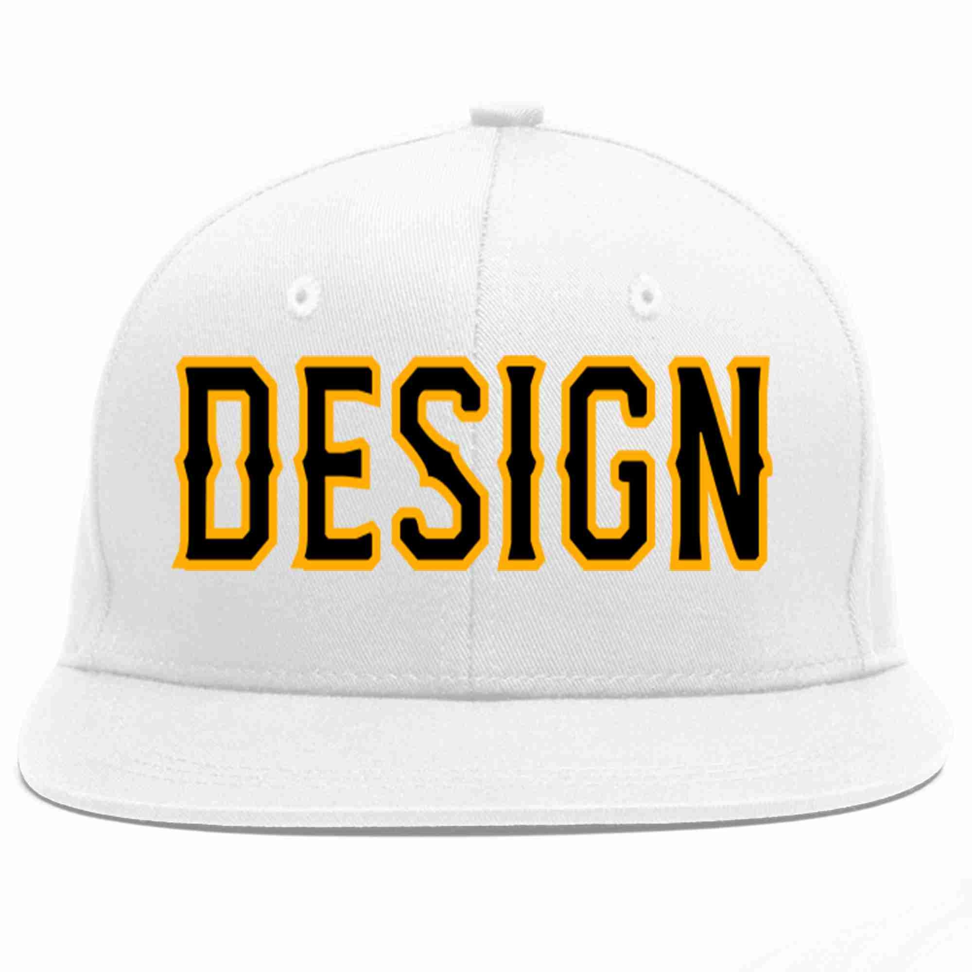 Conception personnalisée de casquette de baseball de sport à avant-toit plat blanc noir-jaune pour hommes/femmes/jeunes