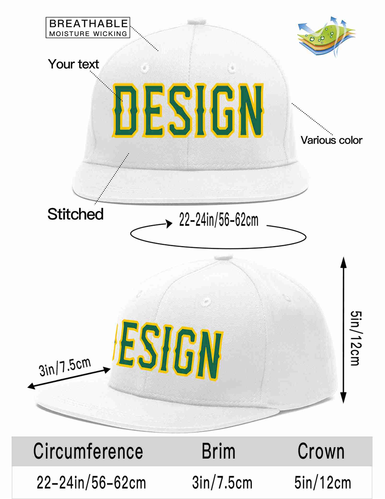 Custom White Kelly Green-Gold Flat Eaves Sport Baseball Cap Design for Men/Women/Youth