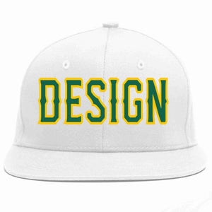 Custom White Kelly Green-Gold Flat Eaves Sport Baseball Cap Design for Men/Women/Youth