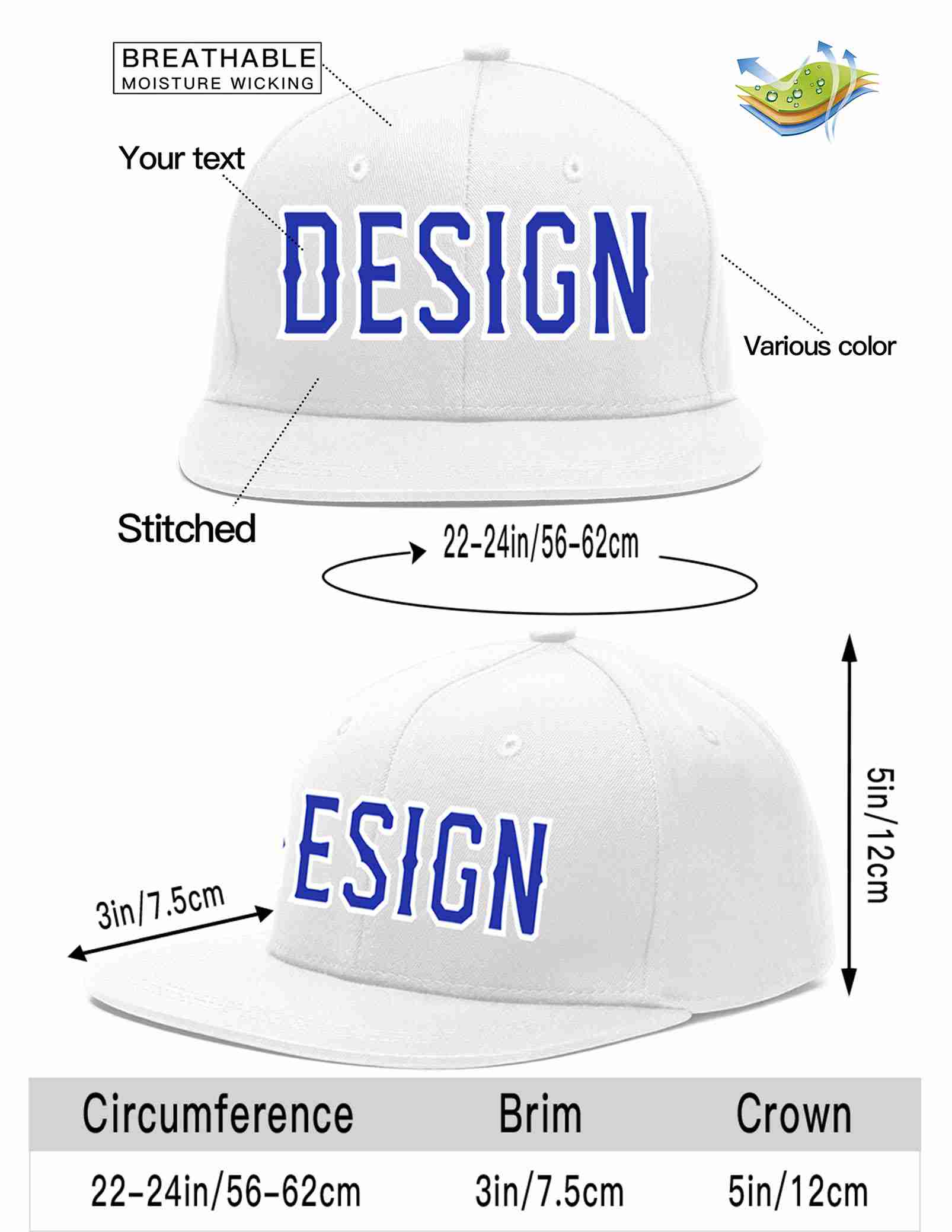 Custom White Royal-White Flat Eaves Sport Baseball Cap Design for Men/Women/Youth