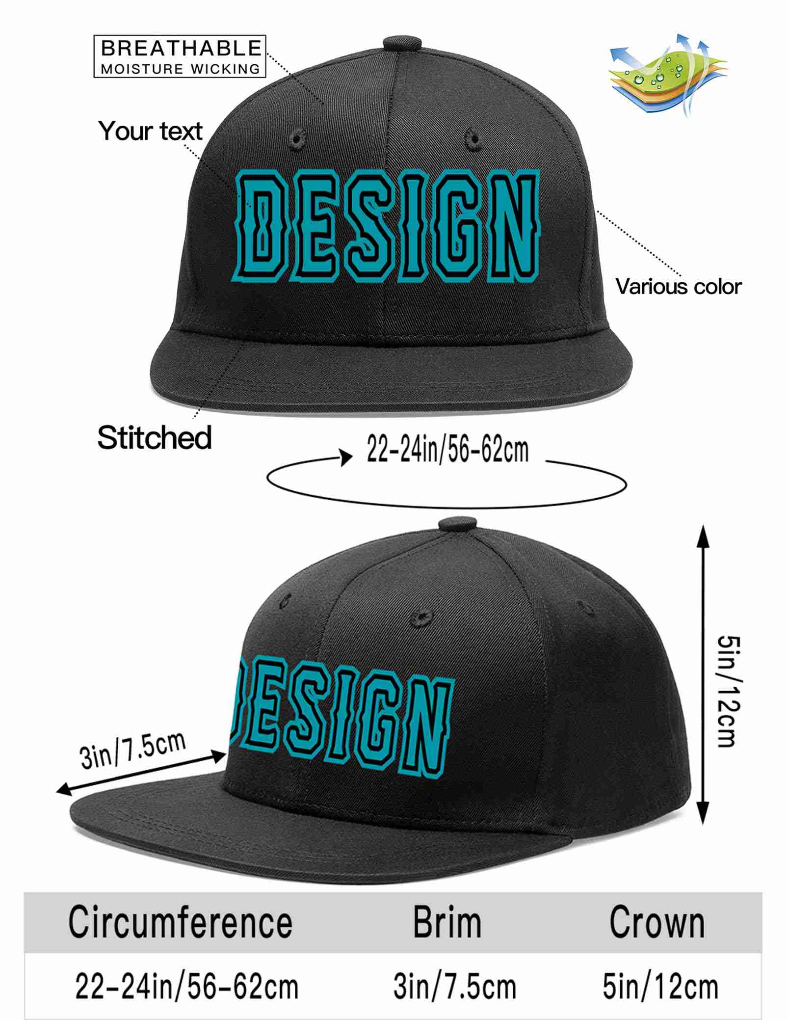 Custom Black Aqua-Black Flat Eaves Sport Baseball Cap Design for Men/Women/Youth