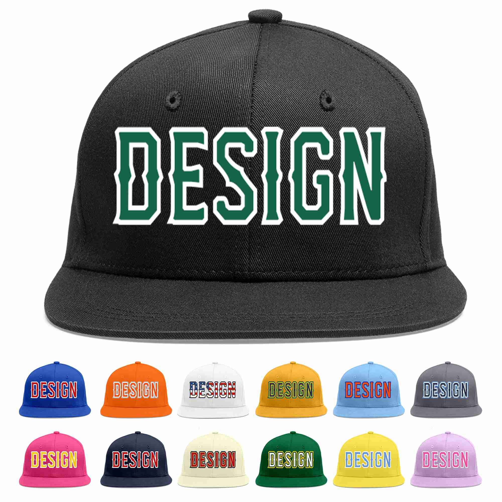 Casquette de baseball personnalisée noire Kelly vert-blanc avec avant-toit plat pour hommes/femmes/jeunes