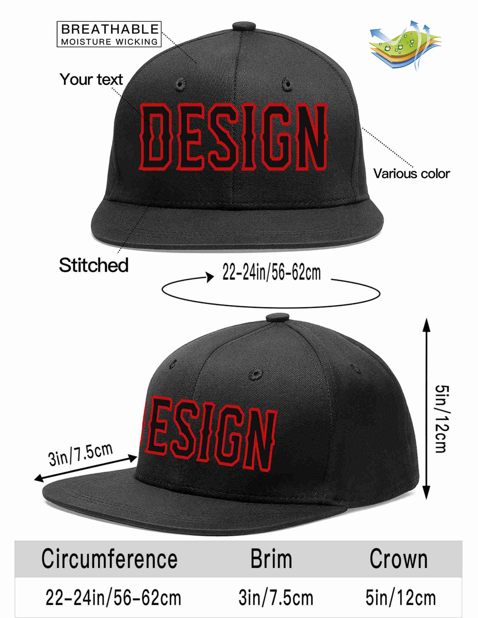 Custom Black Black-Red Flat Eaves Sport Baseball Cap Design for Men/Women/Youth