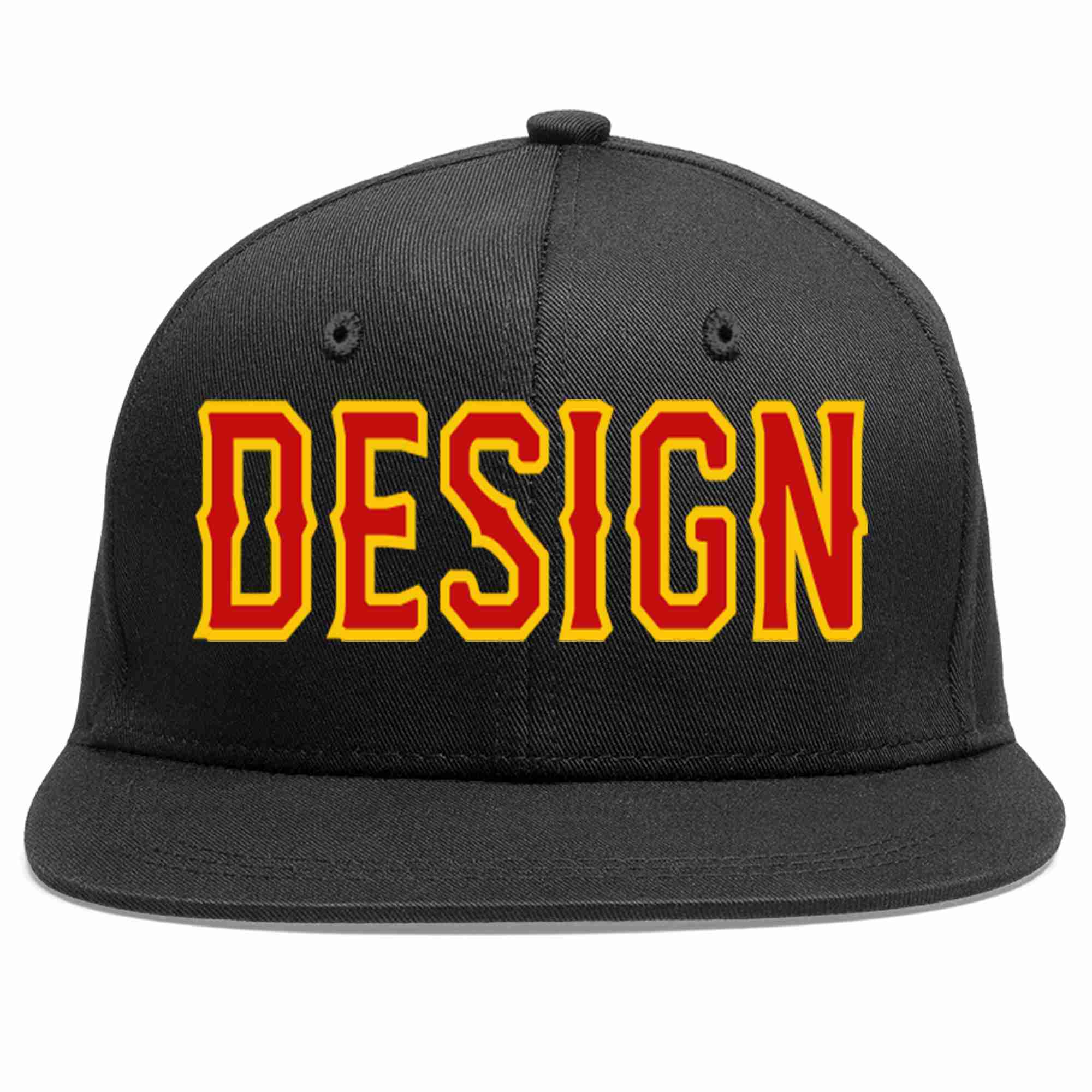 Conception personnalisée de casquette de baseball de sport à avant-toit plat noir rouge-jaune pour hommes/femmes/jeunes